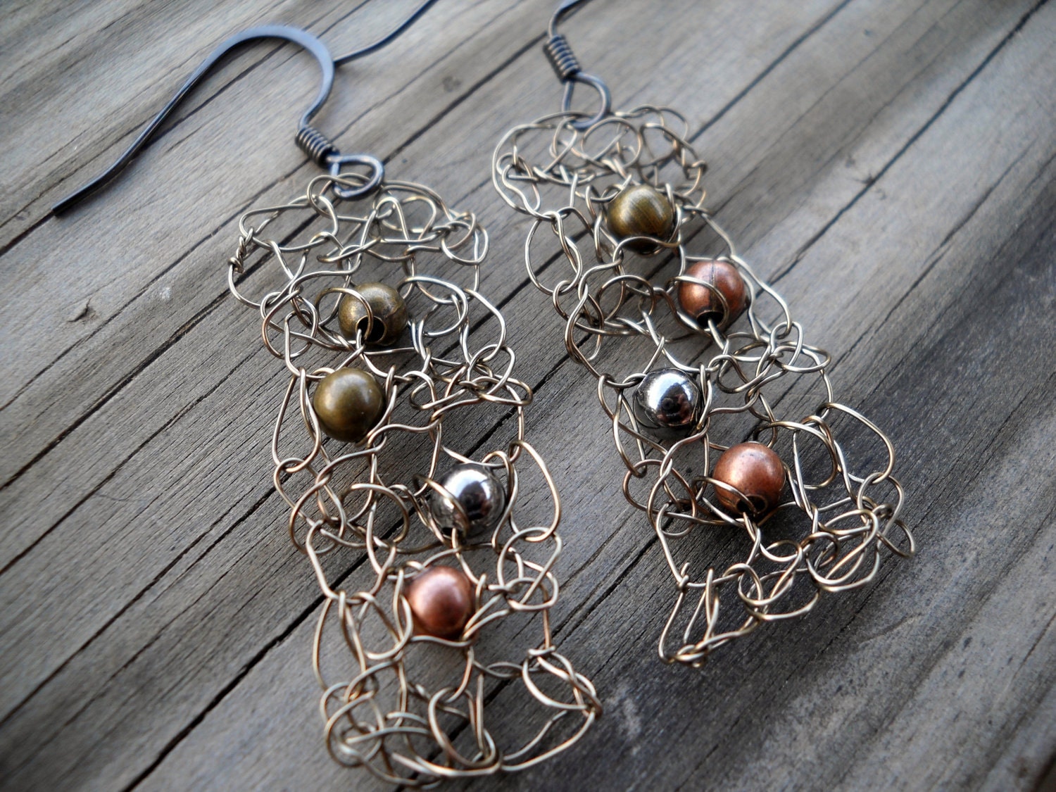 Industrial Style crochet wire earrings with metal beads antiqued copper, brass and silver