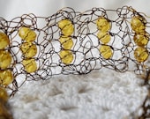 SALE was 30.00 Vintage Brass Wire and  Amber Faceted Beads Plus Size Adjustable Length Crochet Bracelet  Hypoallergenic