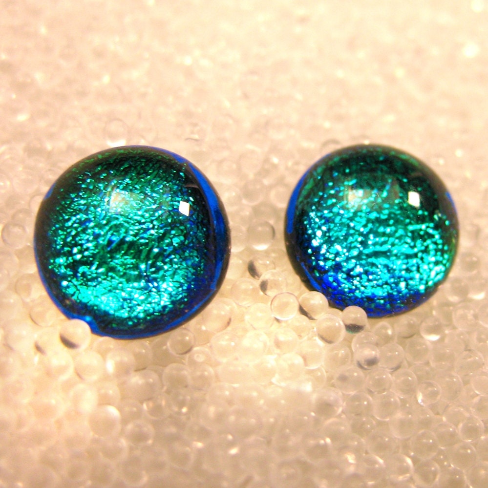 Tiny Dichroic Fused Glass Post / Stud Earrings, Sparkling Teal, Turquoise Green 10mm