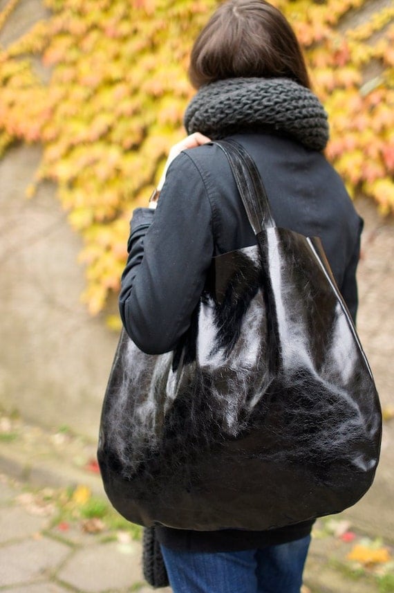 Black Oversized Leather Hobo Bag
