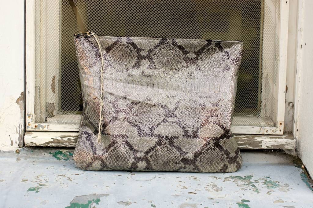 Oversized Leather Zipper Clutch Large 13 inch Snake