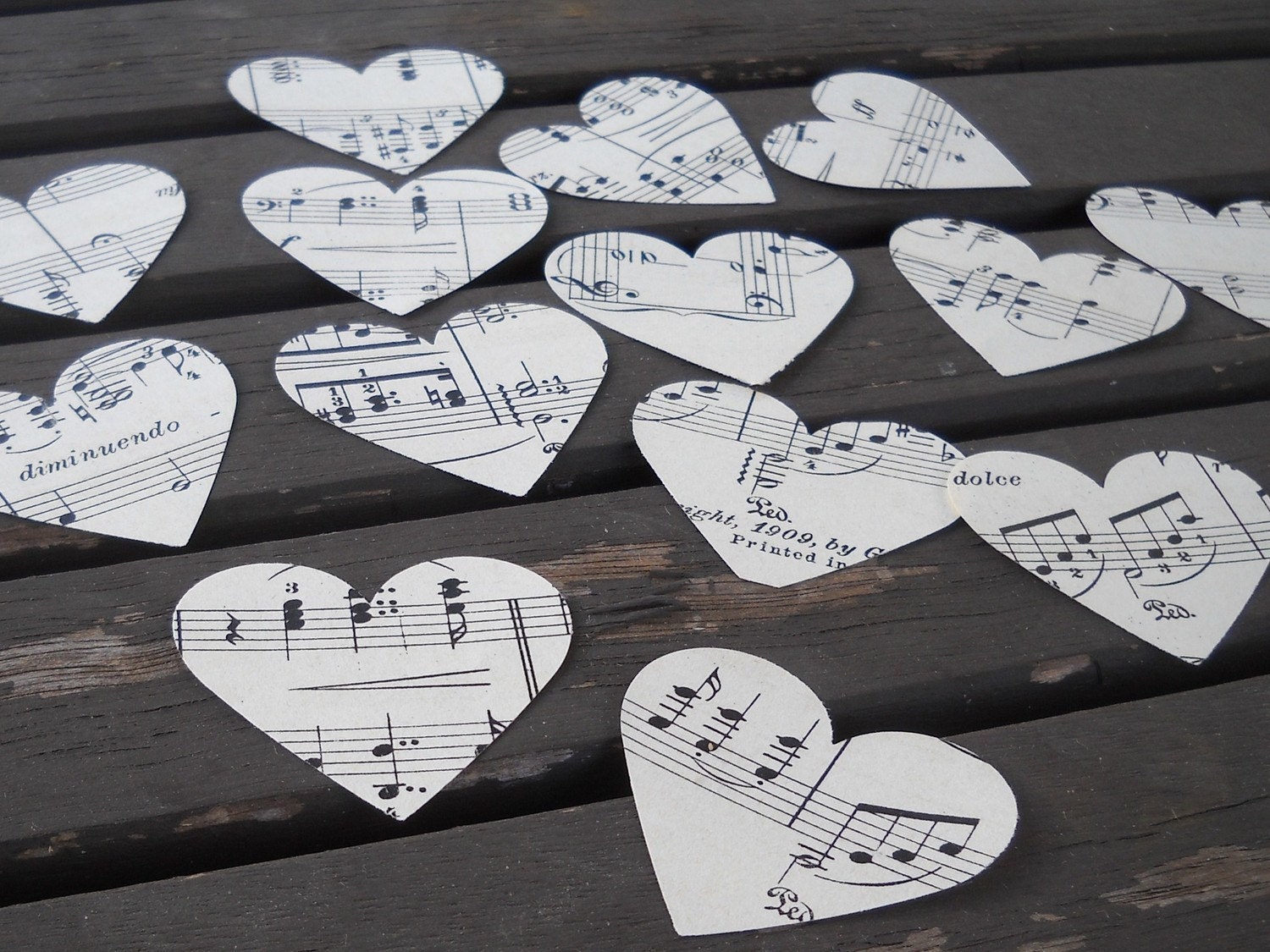 150 vintage music paper hearts for your crafts- 1 7/8" inches