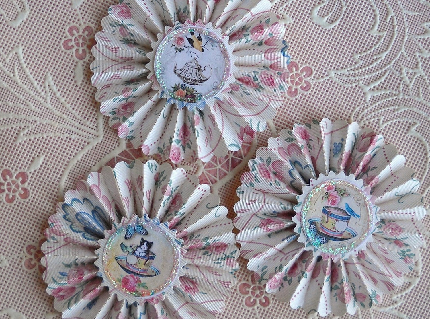 upcycled wallpaper rosettes- Tea Time- set of 3