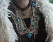 Boho fringy eco friendly upcycled eclectic jewelry embellished shabby chicish one of a kind tattered assemblage rosette statement necklace
