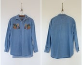 vintage denim shirt / slouchy chambray shirt / embroidered denim button down