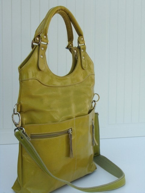 Yellow - Green Patent Leather Tote Shoulder Bag