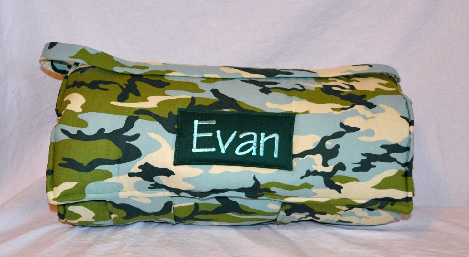 Nap Mat - Monogrammed Seafoam Camouflage Nap Mat with Olive Double-sided Minky Blanket