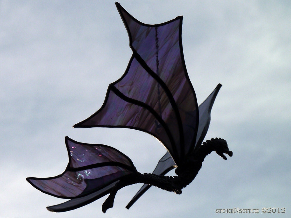 Stained Glass Dragon Suncatcher Guardians Game of Thrones inspired Dragon Design Iridescent Voilet Color Glass