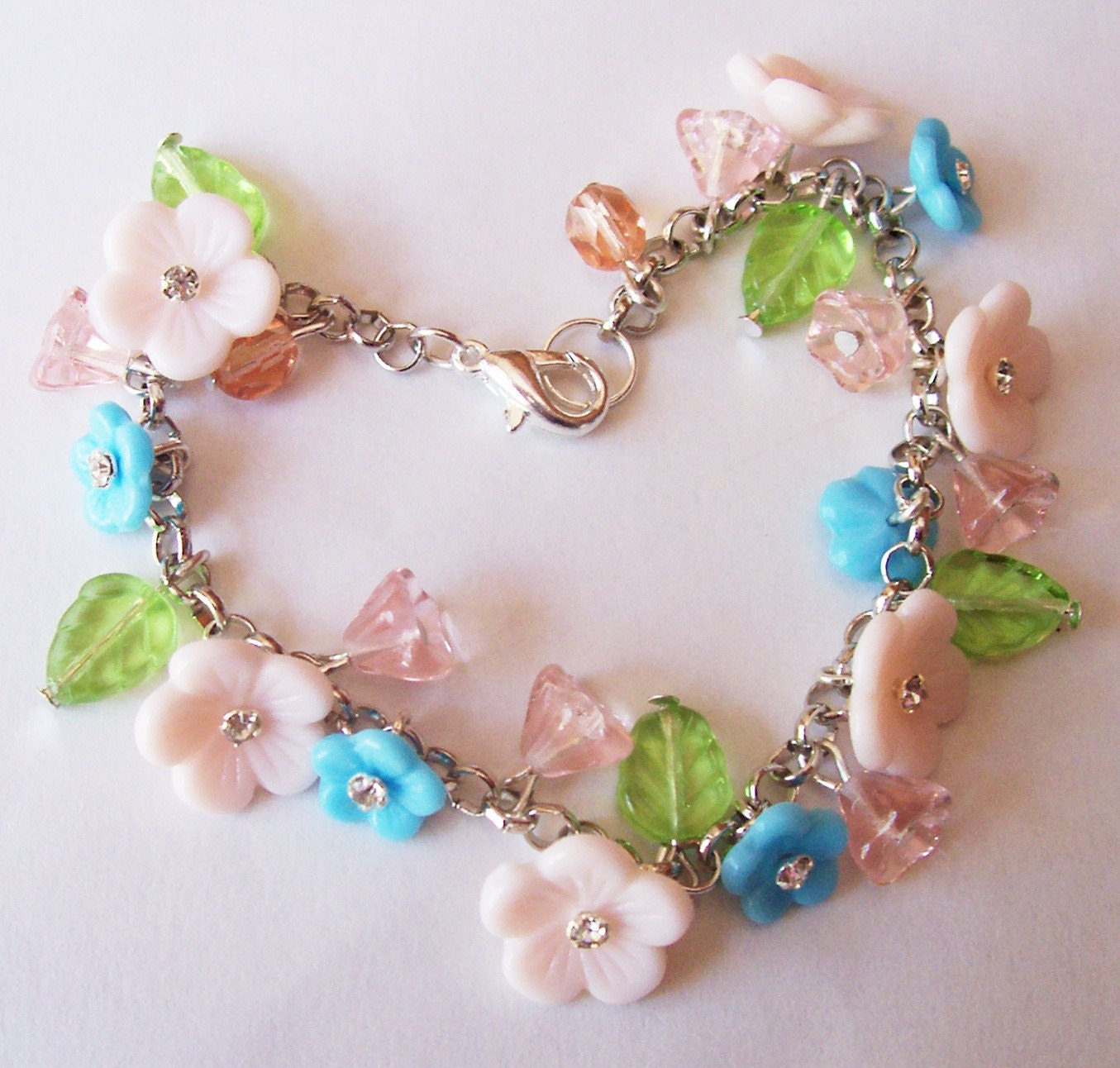 CLEARANCE SALE Charm Bracelet, Flora, Vintage Flowers, Glass Leaves, Jewelry by dspdavey on Etsy