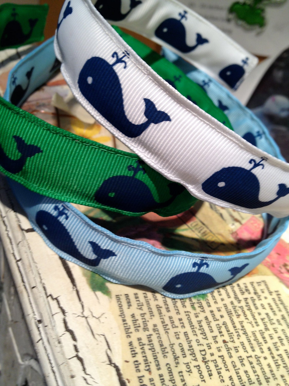 Boutique Preppy WHALES Ribbon Headband 7/8" width 3 colors to pick