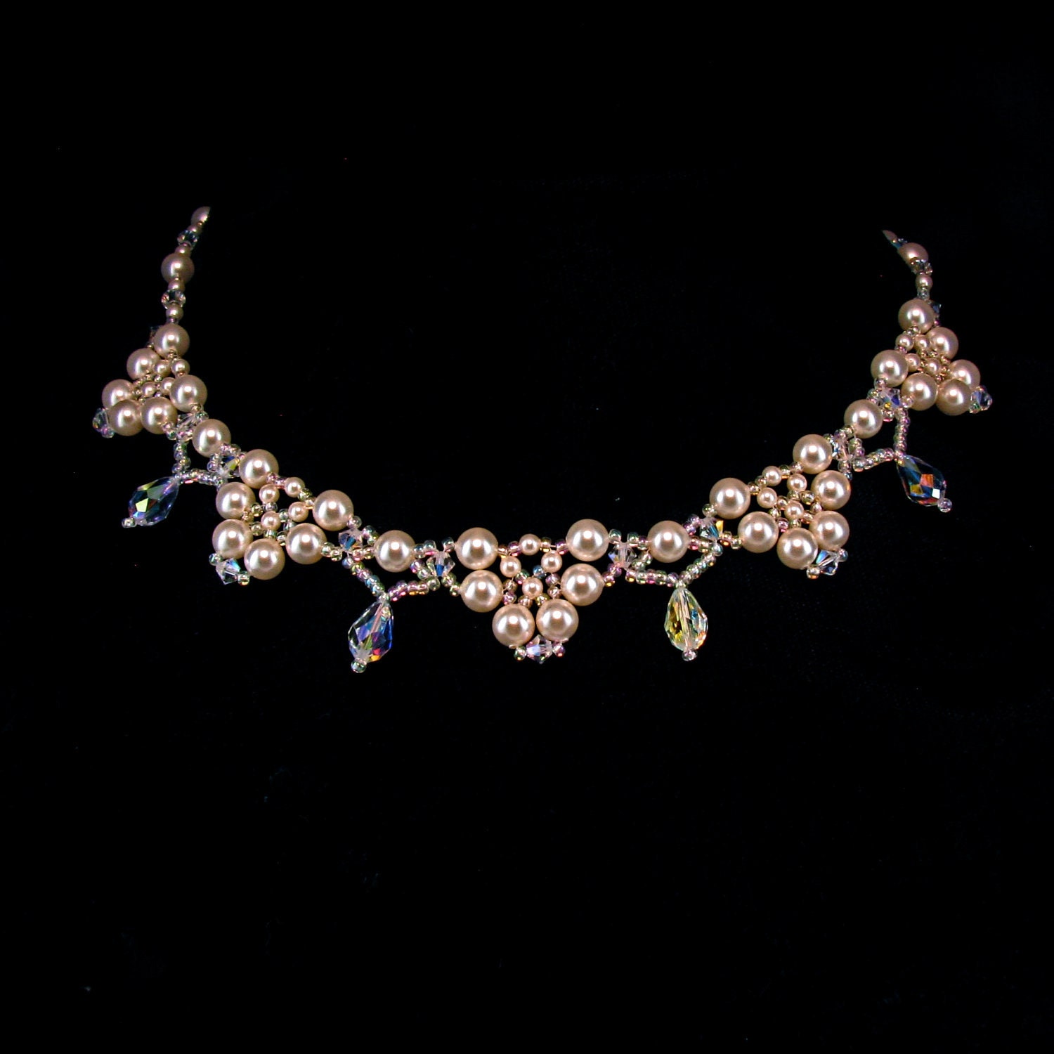 Bridal Necklace Swarovski Pearl Necklace Cluster Scalloped Tear Drop Crystals Amelia