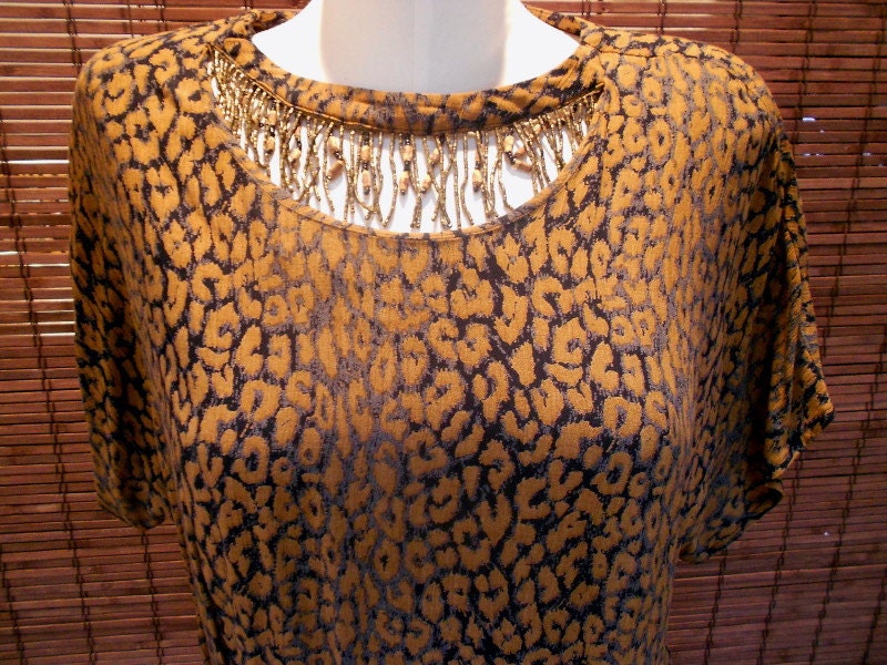 Vintage Leopard Print Boho Beaded Fringe Blouse L-XL