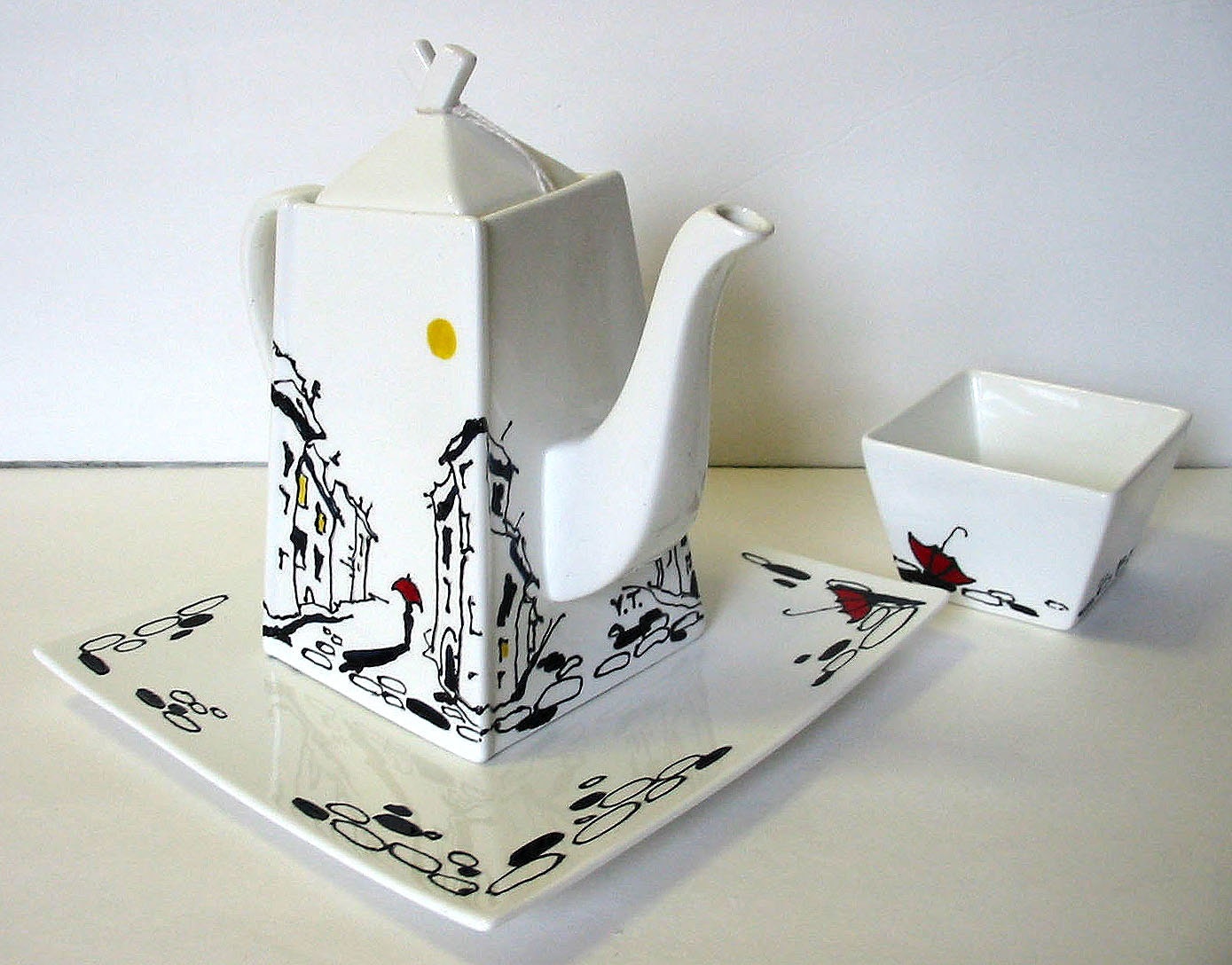 Teapot with Sugar Jar - RAINY STREET - Original decorative painting by Yury Tarler - tbteam