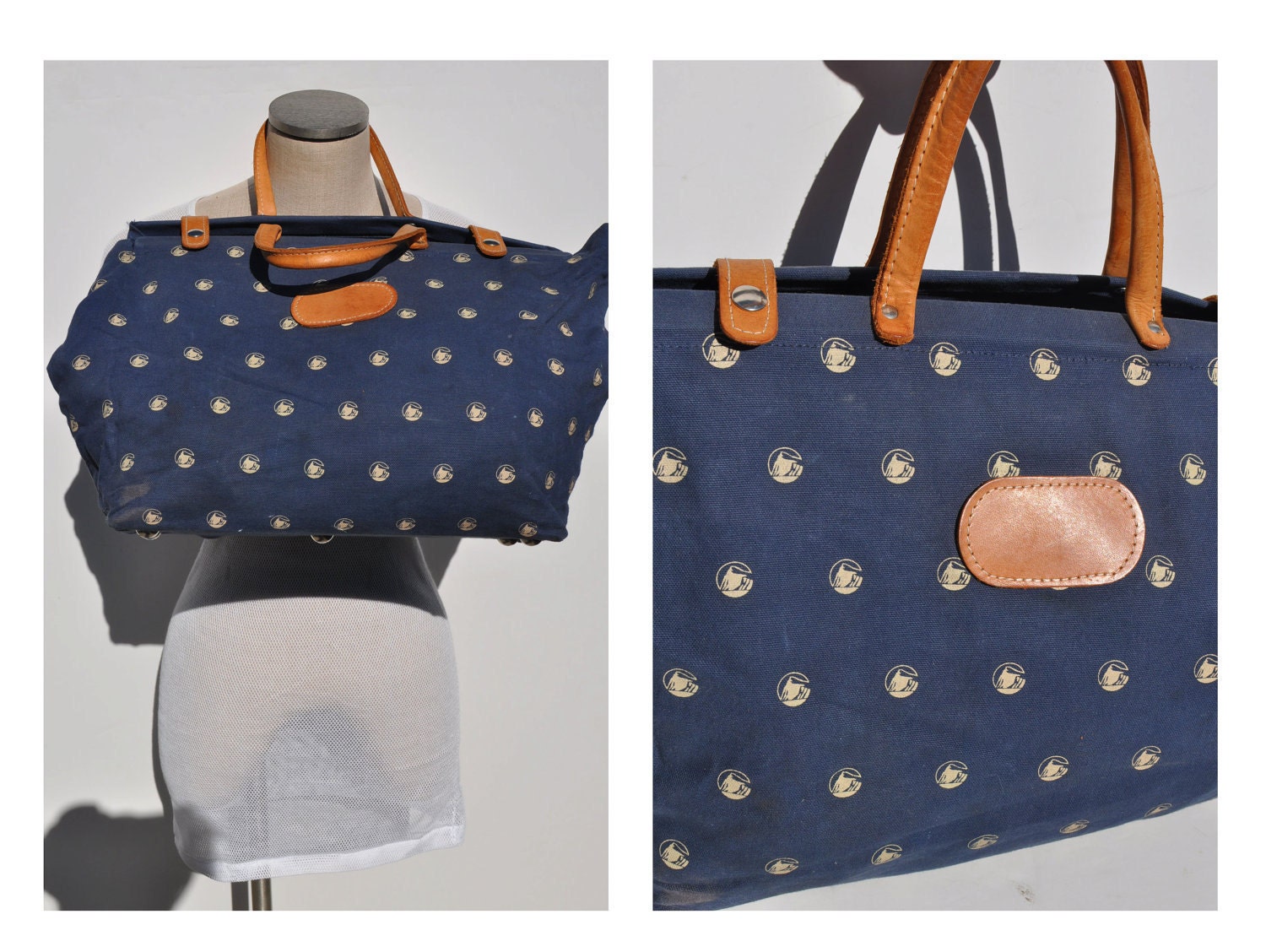vintage tote fabric leather and canvas bag carry on beach bag
