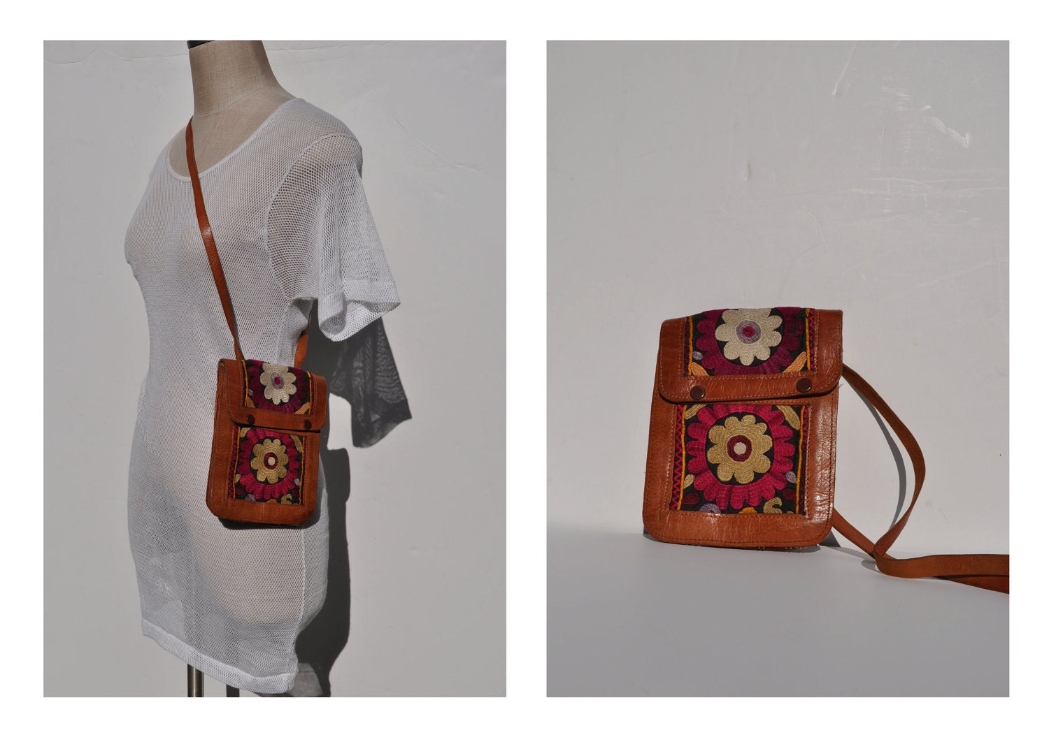 1970s vintage custom made leather purse shoulder bag hippie tapestry