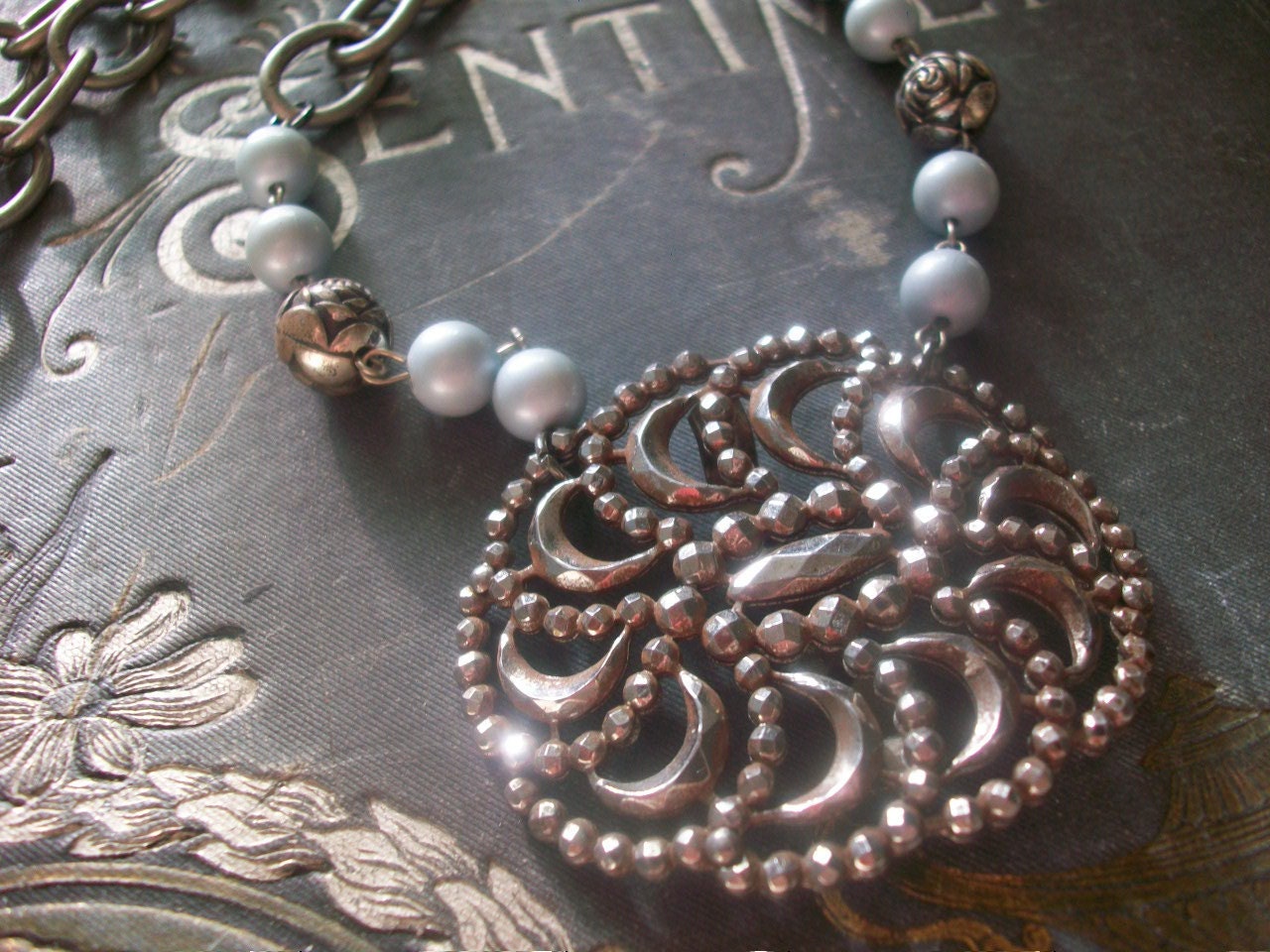 French Blue Marie Antoinette Inspired Vintage French Shoe Buckle Assemblage Necklace, Wedding Necklace, Bridal Jewelry