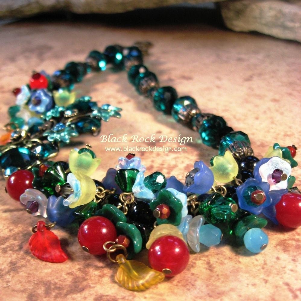 Lucite, Glass and Crystal Beaded Necklace" Flower Garden"