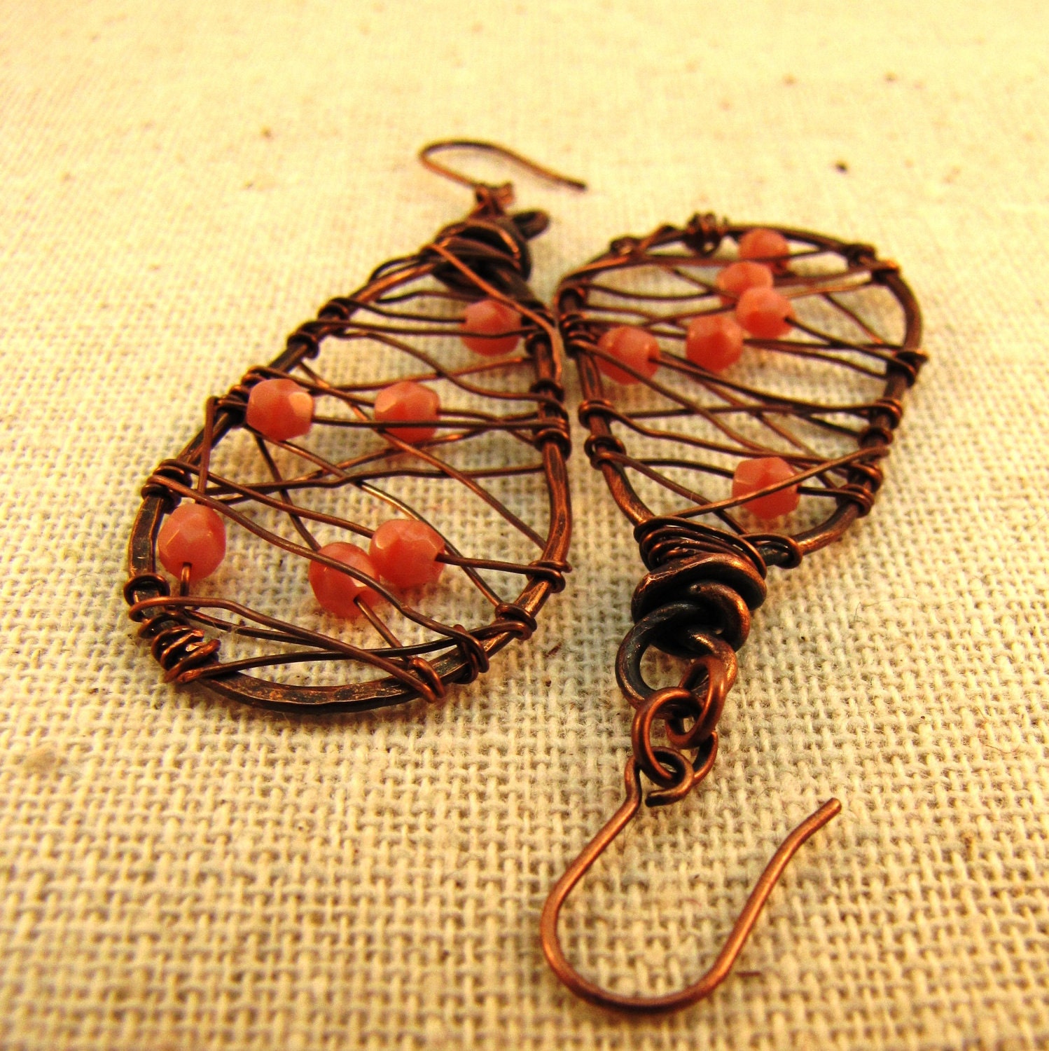 Hammered Copper and Pink Czech Crystal Earrings "Pink Web"
