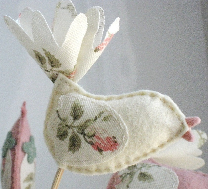 Wedding Cake Topper or Vase Filler Wool Felt and Fabric Bird Bouquet - Set of 2 Cream Ivory