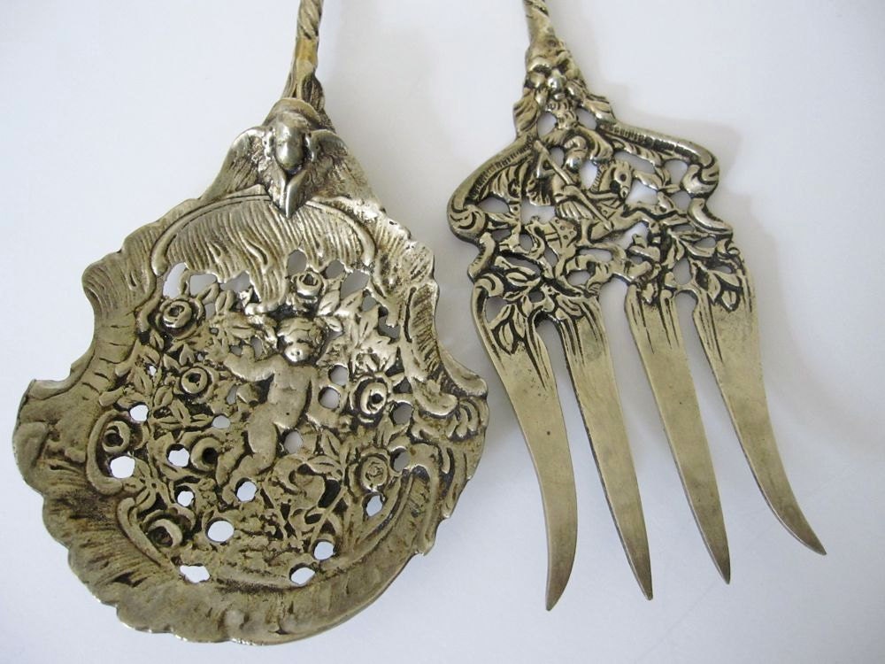 Antique Serving Spoon and Fork Set Baroque Italy