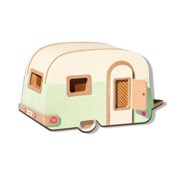Green or blue vintage caravan paper brooch