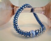 Summer Bracelet Bead Crochet Bangle Triangle Sapphire Swirl in Sapphire Blue, Silver Crystal Seed Beaded Rope