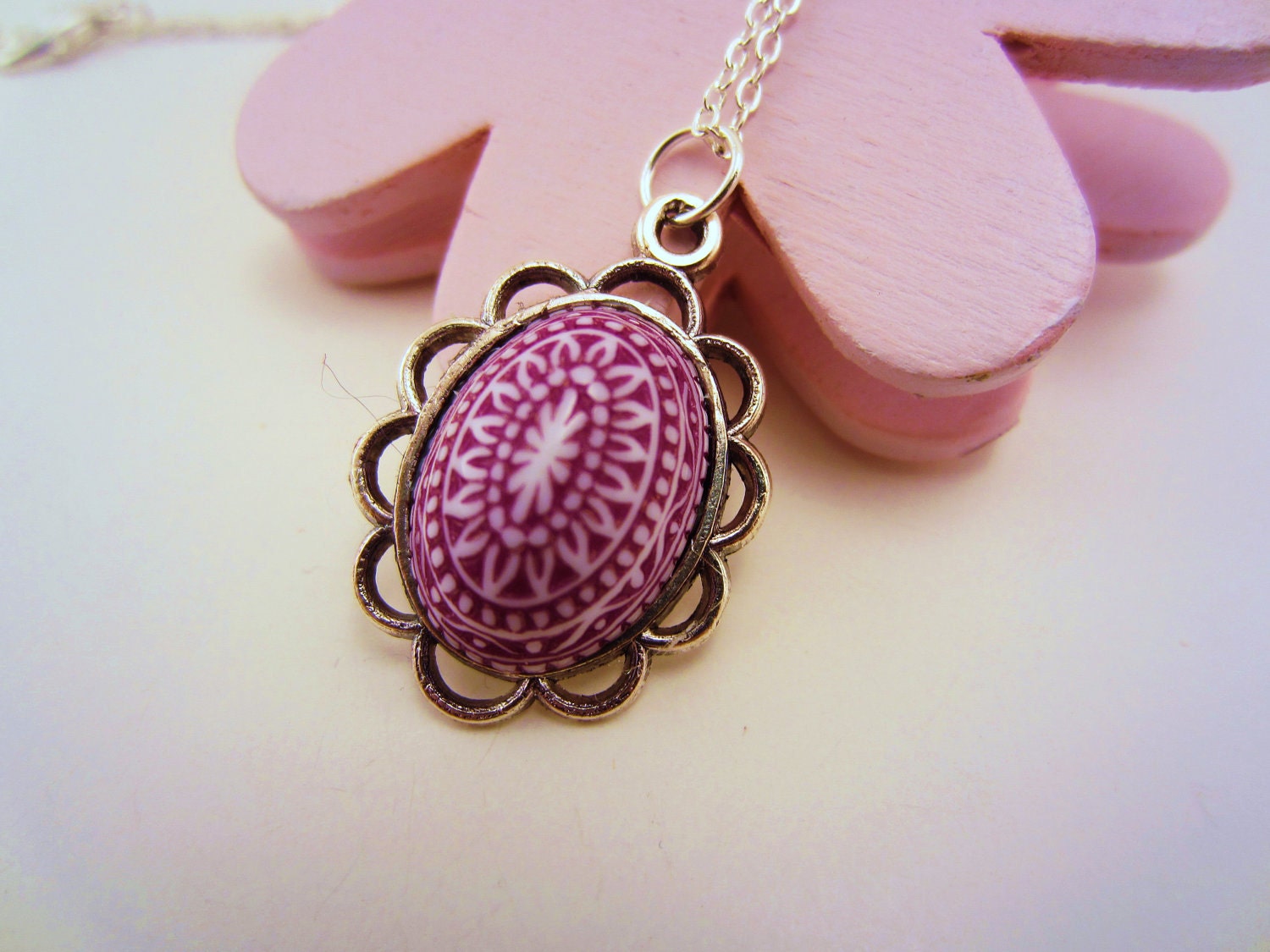 Purple, white and silver necklace. Plum, lavender. Scalloped frame. Small geometric pattern. Sweet gift for everyday wear.