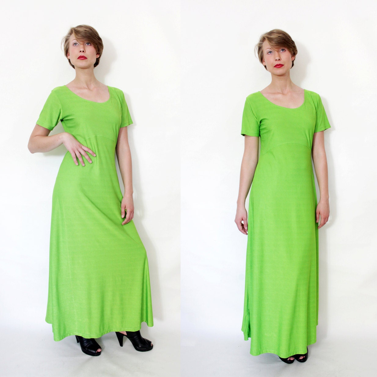 Vintage dress. neon green long dress. size M/L