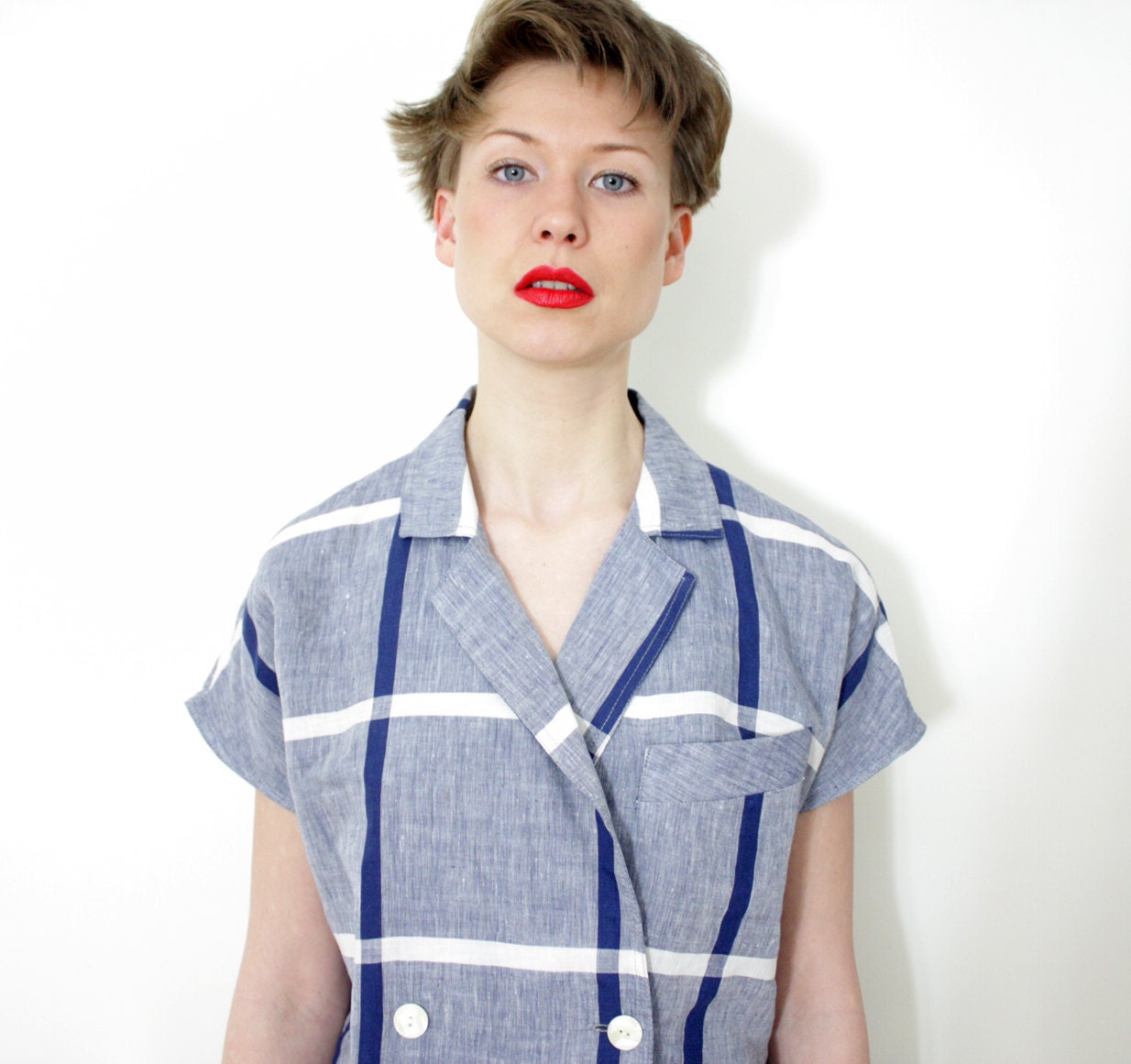 Vintage shirt. cap sleeve blue and white linen checked double breasted top. size L