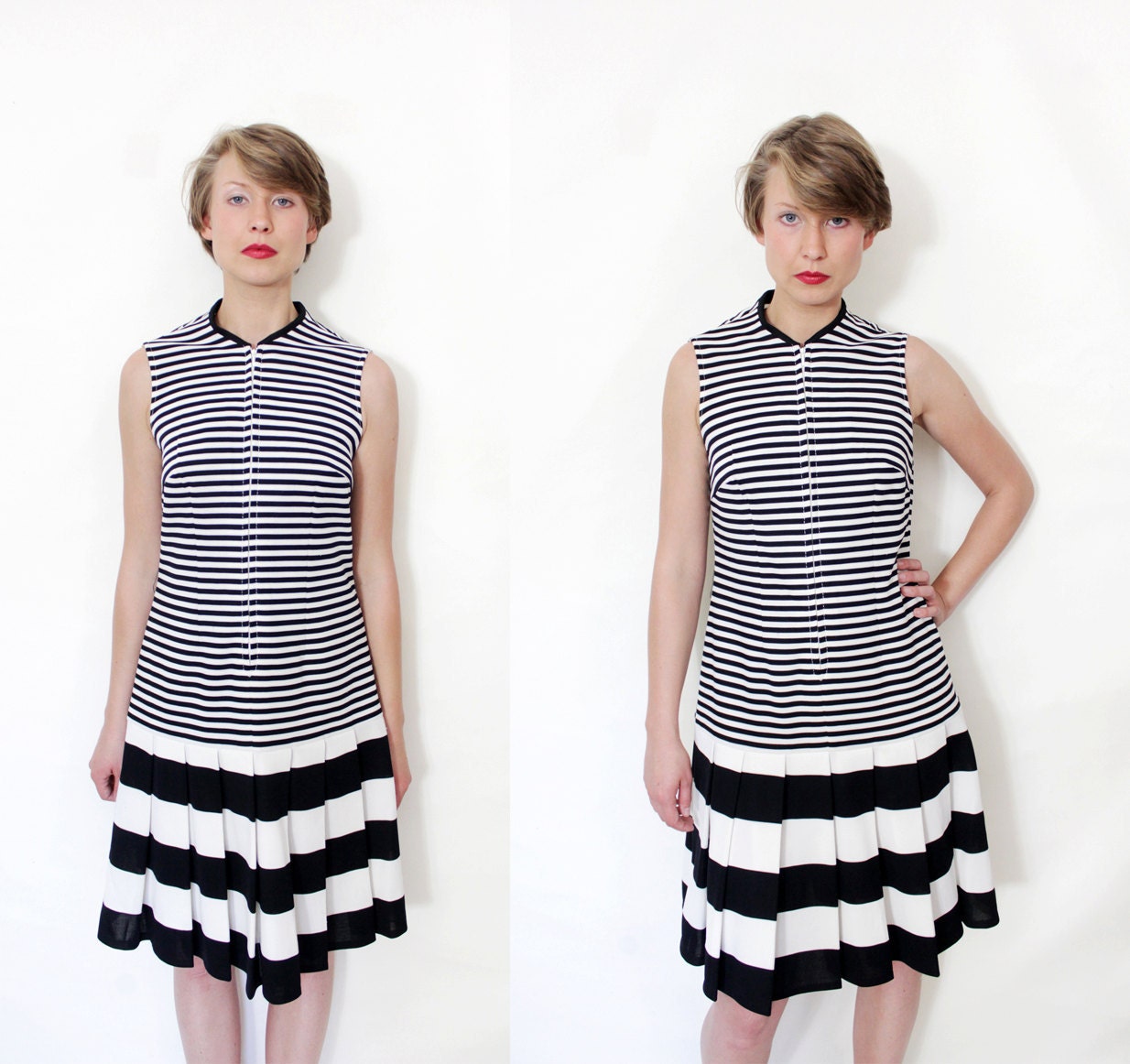 Vintage dress / 60s black and white stripe scooter dress / size M