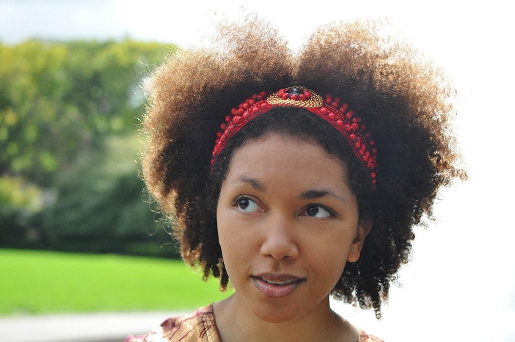 Headband Red Elastic Intricate Beaded Tribal