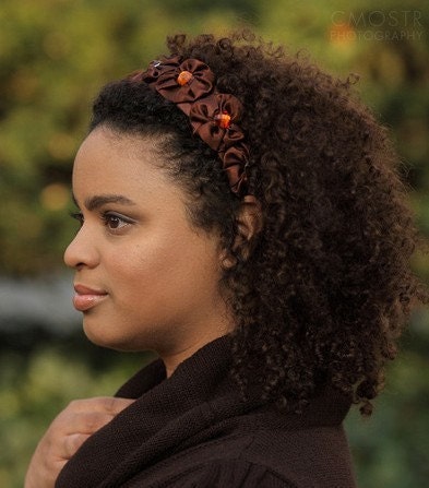 Natural Hair Headband Brown Jewel Satin Rosettes