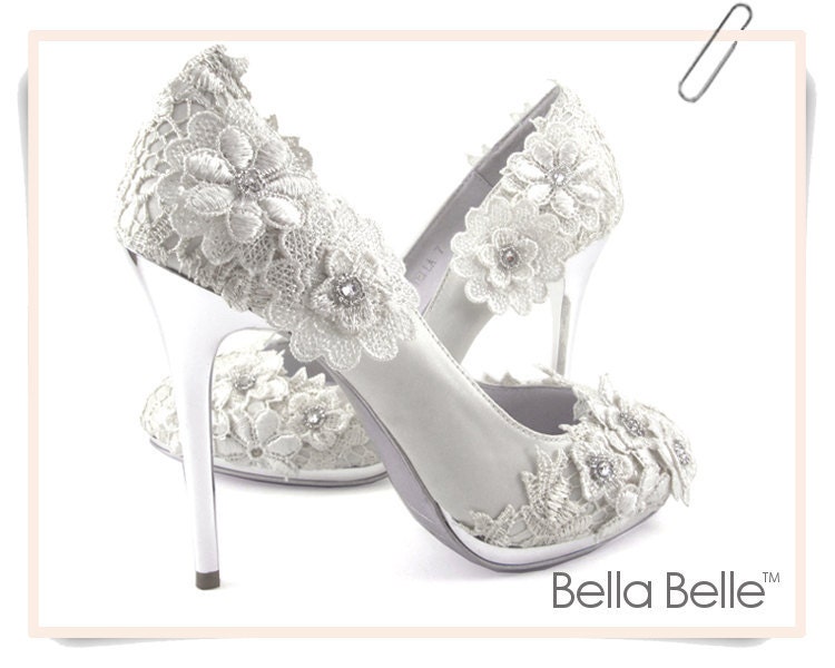 Ivory Vintage Flower Lace Applique Satin Bridal Wedding Pumps Shoes Bride