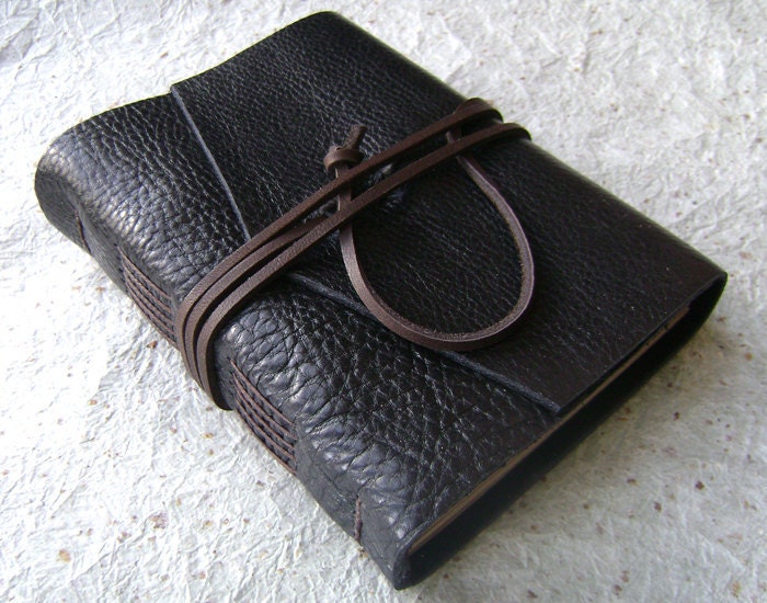 Leather Journal, Raven Black with brown tie closure, handmade rstic journal by Dancing Grey Studio on Etsy