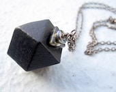 Mens Necklace w/ Black Wooden Cube Pendant Geometric Necklace Unisex Jewelry - Meteorite
