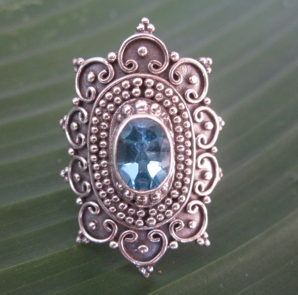 Balinese Sterling Silver granulation technique ring with topaz / silver 925 / size:  9 ready to ship