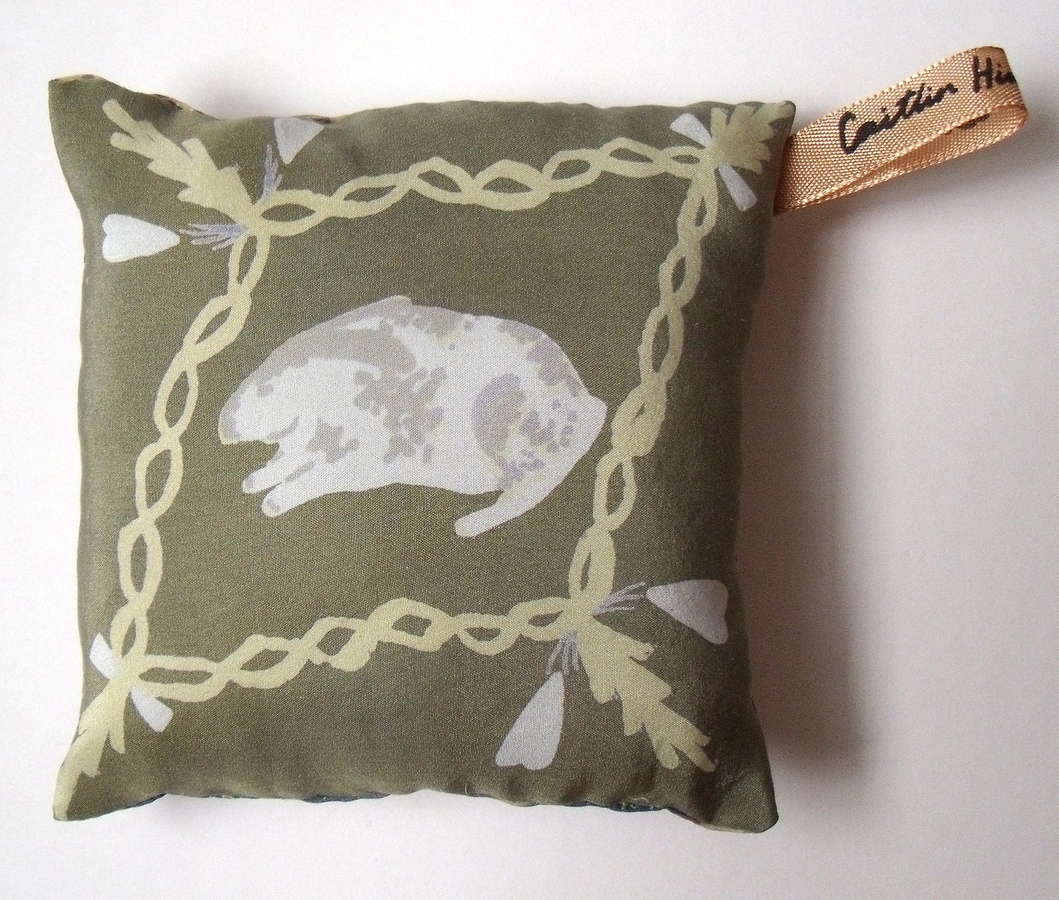 Rabbit and Hearts Hand Screen Printed Silk Pincushion