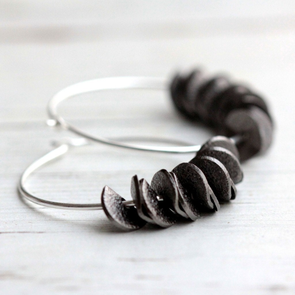 Ruffle Hoop Earrings in Black with Sterling Silver - Small Stardust Spring Fashion Minimalist Modern Under 25 Gift