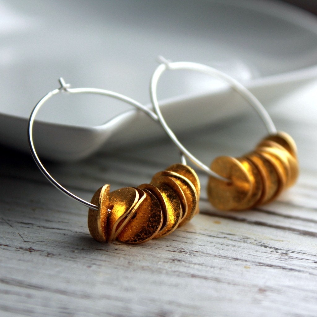Large Hoop Ruffle Earrings in Sterling Silver with Gold Ruffle - Mixed Metal Petals Modern Minimalist Under 30 Gift