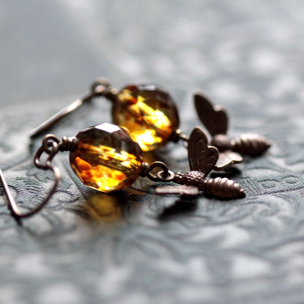 Honey Bee Earrings with Golden Czech Glass Beads - Honey Bee Summer Fashion Garden