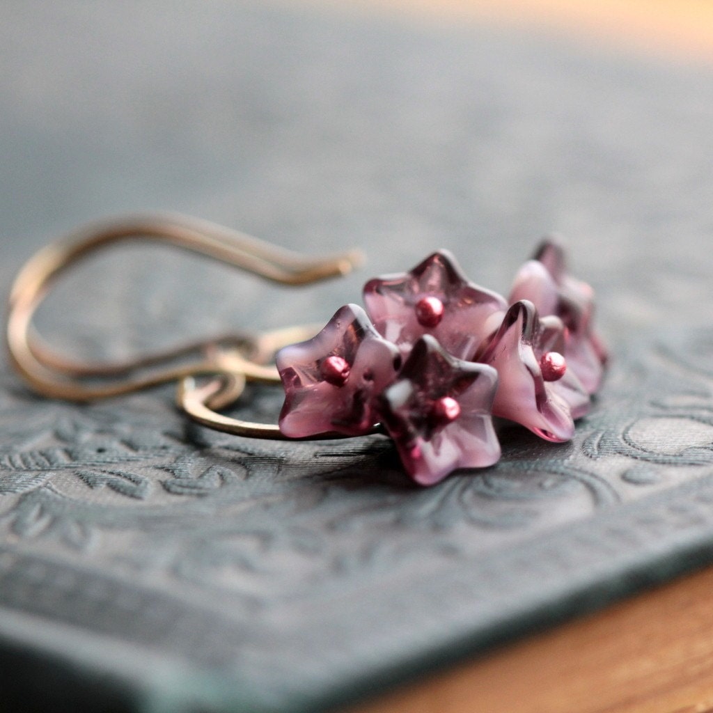 Flower Earrings with Purple Czech Glass Beads and Small Hoops- Cherry Blossoms Garden Floral Botanical