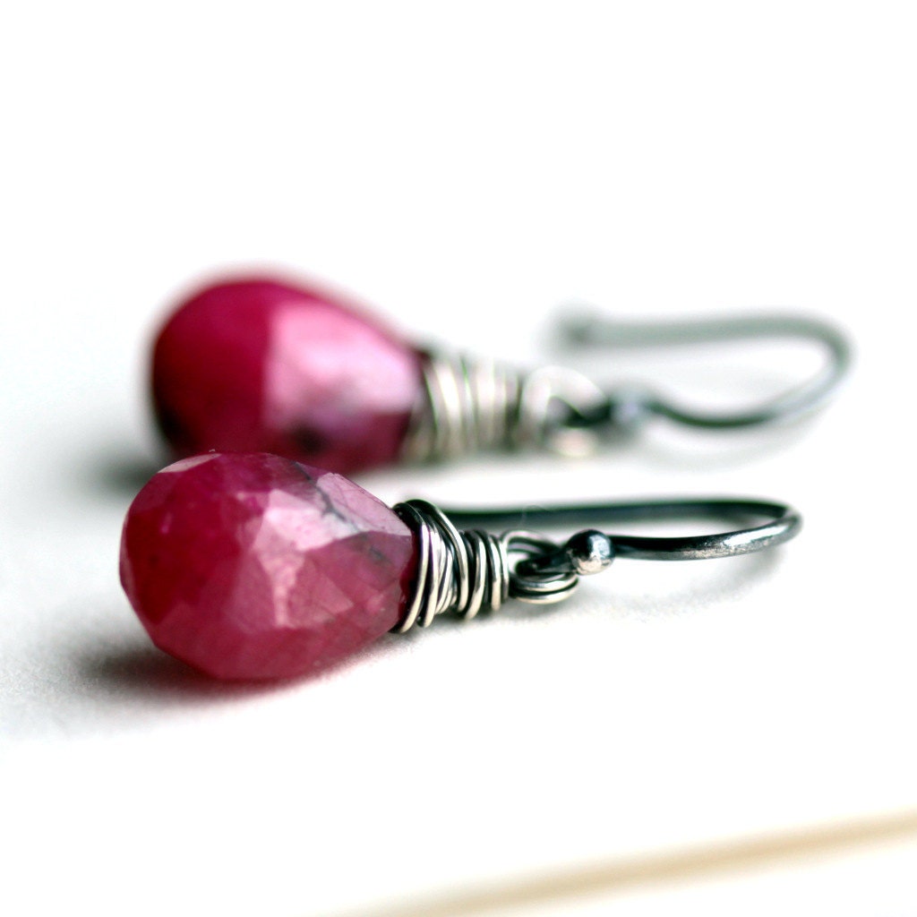 July Birthstone Ruby Earrings Red Ruby Gemstone Earrings on Sterling Silver - Summer Fashion Wire Wrapped