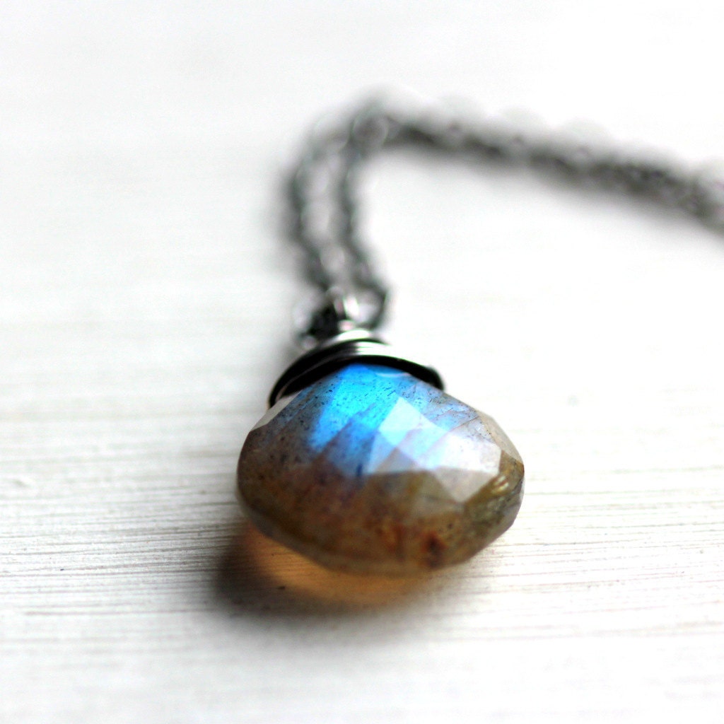 Labradorite Necklace Sterling Silver Wire Wrapped Blue Flash Labradorite Gemstone on Sterling Silver Chain -Summer Storm