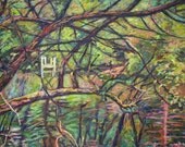 Dock at Pandapas Pond Art 30x40 Impressionist Landscape Painting by  Artist Kendall Kessler