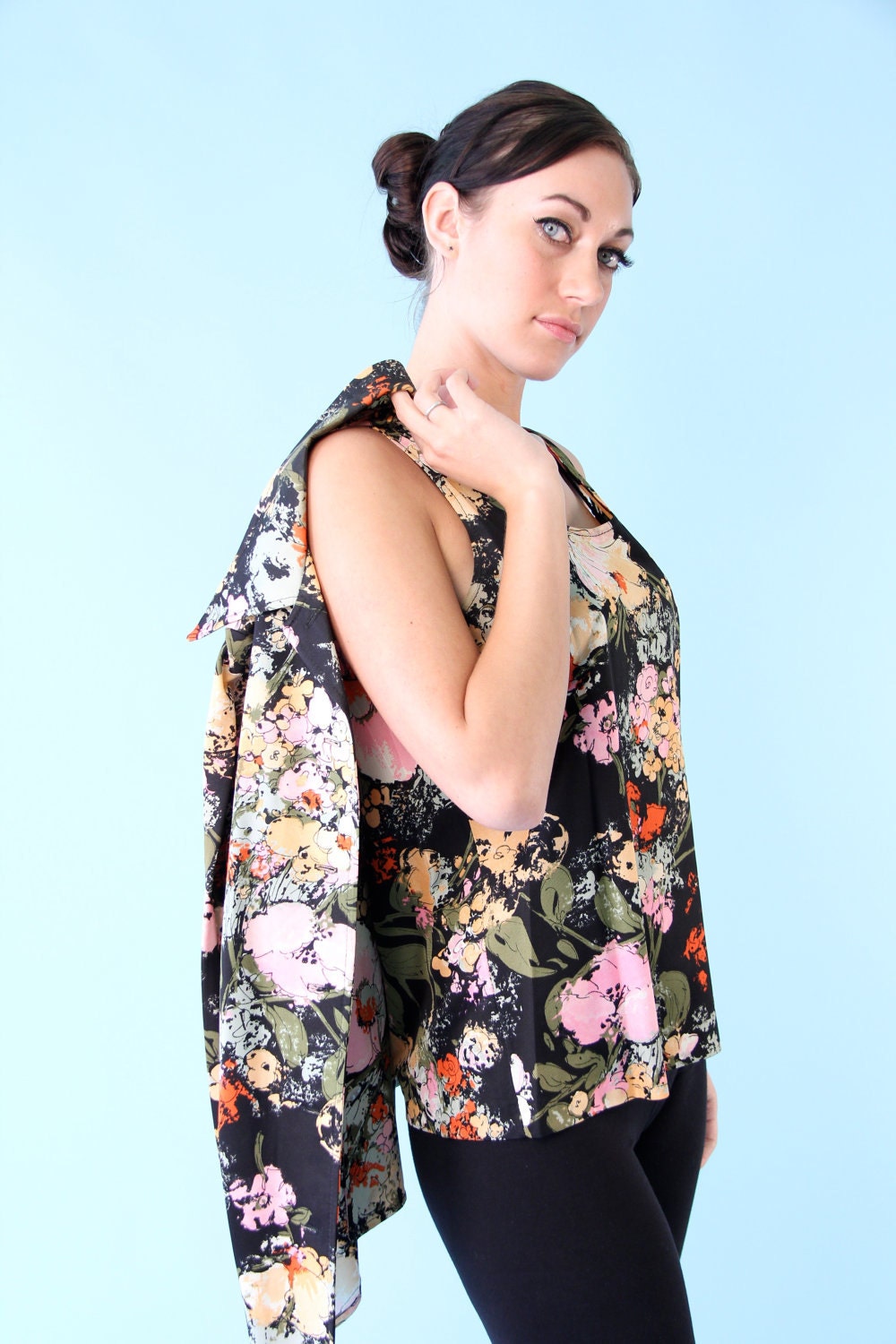 Vintage Black Floral Poppies Tank Blouse Shirt Set 70s S