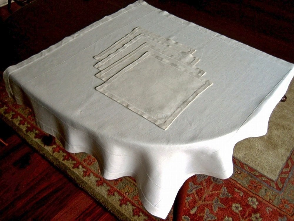 Linen tablecloth hand drawn hemstitching drawn work vintage with napkins