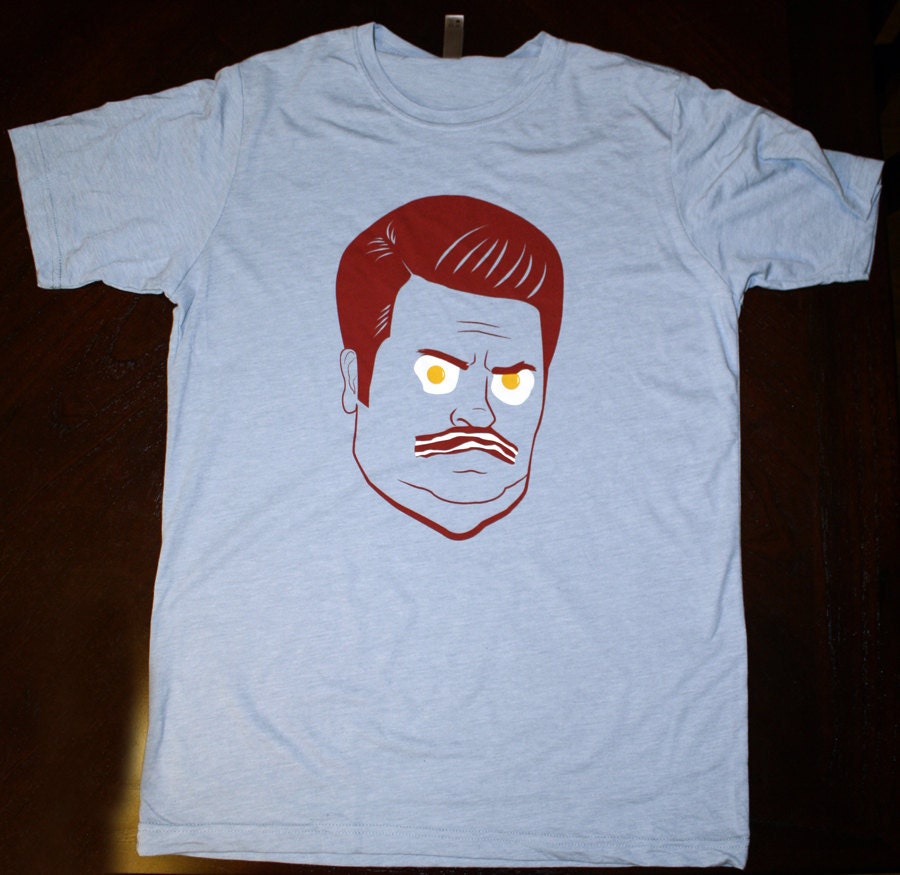 Ron Swanson Bacon & Eggs Shirt in Light Blue- Mens S or M