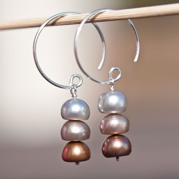 Hoop Dangle Earrings Sterling Silver Pearls multicolor 3 Chocolate tbteam rusteam