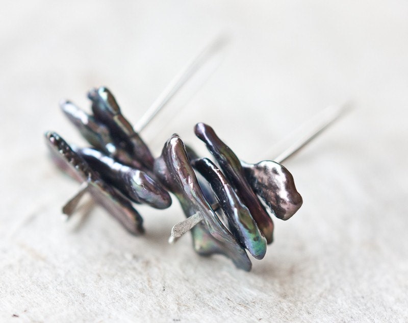Earrings Sterling Silver Keishi Pearls Black Peacock Minimalist jewelry organic