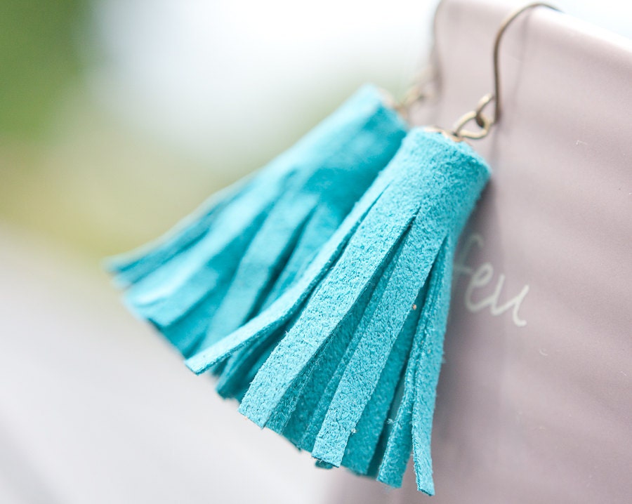 Tassel Leather Earrings Turquoise Blue Fringe boho bohemian sexy dangly glam Aqua Sky